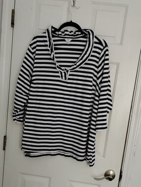 crown & ivy Dark Blue, Pink and White Striped Notch-Neck Long Sleeve Tee